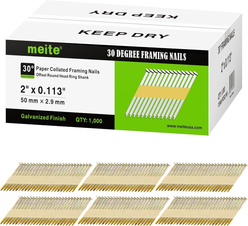 Meite 30 Degree Framing Nails 2 Inch x .113 Inch Paper-Collated Ring Shank Nails, Electro-Galvanized Offset Round Head Framing Nails for 30-34 Degree Framing Nailers Decking Fencing, 1,000PCS - Image 1